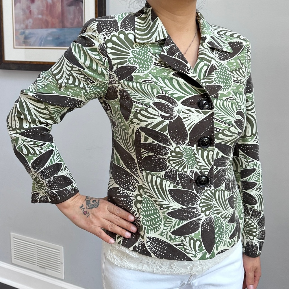 kasper green brown white floral super soft blazer 100% silk size 6 petite